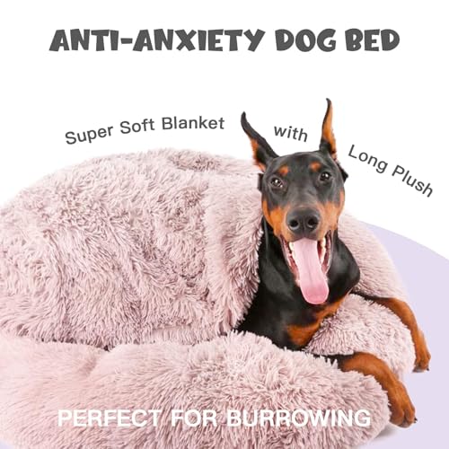 Himax Dog Beds for Large Dogs, Donut Dogs Beds with Blanket Attached, Calming Dog Bed Washable (20"/26"/35") Beige - color: Beige, size: 35.0"L x 35.0"W x 10.0"Th