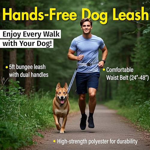 Hands Free Dog Leash with Waist Belt Lifetime Replacement, Dual Handle Bungee Leash for Running, Jogging, Hiking and Walking, for Medium and Large Dogs 5318 - color: Grey