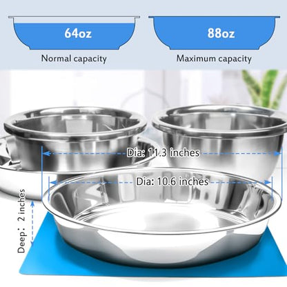 Shallow Dog Food Bowls, Non Slip Food Grade Stainless Steel Bowls for Large Dogs - Interior Size (Dia:10.6" xHeight 2.0") Hold 8 Cups / 2 Quart (2 Packs)