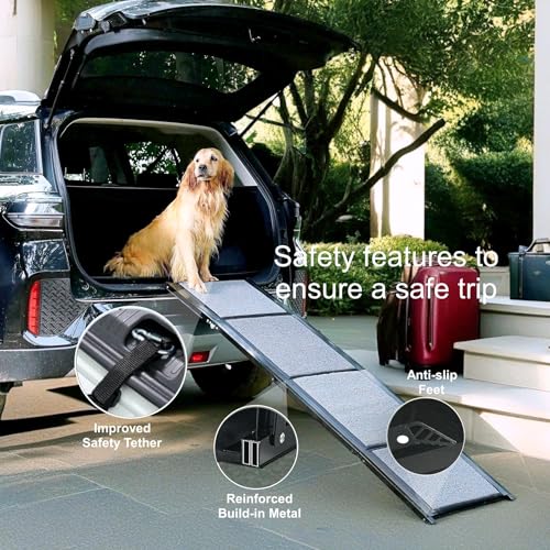 Dog Ramp for Car, SUV & Truck, 63" Long & 17" Wide, Fold-able & Portable Pet Ramp with Non-Slip Rug Surface, Extra Wide Dog Steps for Medium & Large Dogs Up to 250LBS