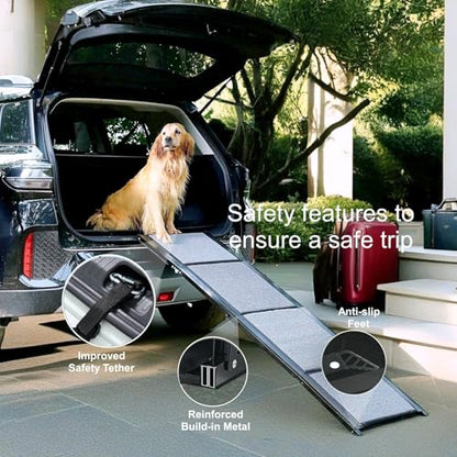 Dog Ramp for Car, SUV & Truck, 63" Long & 17" Wide, Fold-able & Portable Pet Ramp with Non-Slip Rug Surface, Extra Wide Dog Steps for Medium & Large Dogs Up to 250LBS