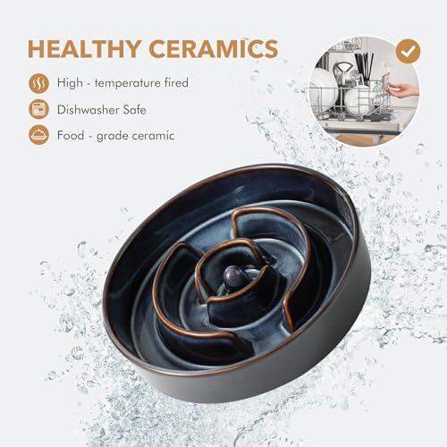 Havniva 1.2 Cup Elevated Slow Feeder Dog Bowls, 7.3” Dog Slow Feeding Bowls + 6.1” Ceramic Dog Water Bowls Set with Acacia Wood Stand, Dog Food Bowls Puzzle Feeder for Small Dogs Non-Slip Anti-choking - color: 2 x Starry Sky + Stand - A, size: M- 7.3inch