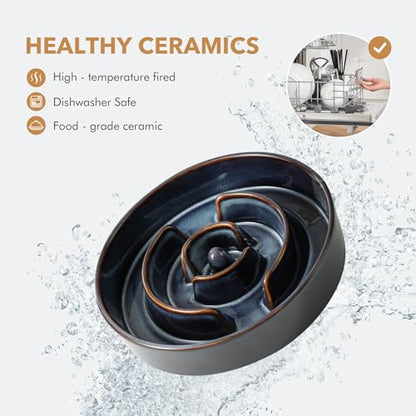 Havniva 1.2 Cup Elevated Slow Feeder Dog Bowls, 7.3” Dog Slow Feeding Bowls + 6.1” Ceramic Dog Water Bowls Set with Acacia Wood Stand, Dog Food Bowls Puzzle Feeder for Small Dogs Non-Slip Anti-choking - color: 2 x Starry Sky + Stand - A, size: M- 7.3inch