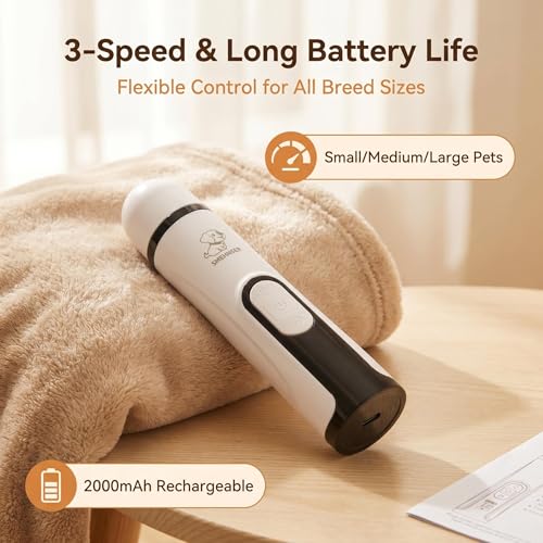 2026 Upgraded Pet Nail Grinder for Dogs & Cats, 5-Speed Quiet Dog Nail Trimmer with LED Light, 45dB Low Noise Painless Paw Grooming for Small Medium Large Pets (White)