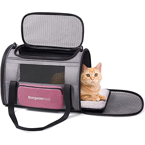BurgeonNest Cat Carriers for Medium Puppy Under 25 lbs, Pet Carrier for Cats with Unique Side Bag,Top Load Small Pet Bag Soft-Sided Escape Proof with 4 Ventilated Windows - color: Pink, size: 17.7"L x 12.0"W x 12.5"H