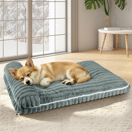 Comfort Dog Beds for Large Dogs,Dog Bed with Removable Washable Cover, Deluxe Plush Dogs Beds for Crate with Pillow, Anti-Slip Pet Mat Mattress for Kennel with Durable Zipper(Grey,L) - color: Grey, size: Large（35*23*3.5 in）