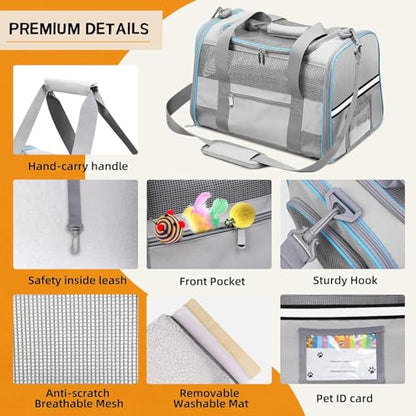 Soft-Sided Cat Carrier for Pets Up to 15lbs, Airline Approved Under-Seat Travel Carrier, 17x12x11 Inch, TSA Approved with Collapsible Bowl, Breathable Mesh & Removable Pad, Lightgrey - color: LightGrey