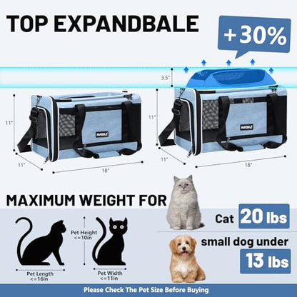 Cat Carrier Top-Expandable 18x11x11, United Delta American Airline Approved Dog Carrier, Soft Pet Carry-On Bag Underseat in Cabin, Puppy Air Travel Crate Kitten TSA Plane Carrying Case Blue - color: Blue