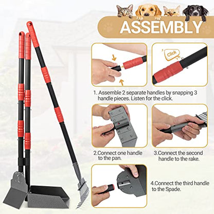 Heeyoo Dog Pooper Scooper, Dog Poop Tray and Rake Set, Pet Waste Removal Scoop with Long Adjustable Sectional Stainless Handles - color: Black/Red