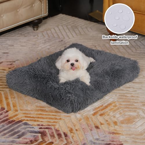 Bedfolks Waterproof Crate Bed, Plush Dog & Cat Kennel Pad, Faux Fur, Washable, 23"x18", Dark Grey - color: Solid Dark Grey, size: Small(23x18'')