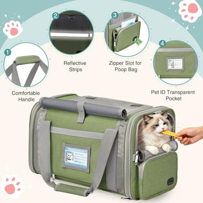 Soft Cat Carrier for Pets Up to 20 Lbs, Collapsible Cat Carrier Bag with Privacy Curtains, Airline Approved Small Pet Carrier for Small Medium Cats Dogs Puppy, Washable Soft Pet Travel Bag Dog Carrier - color: Grass Green