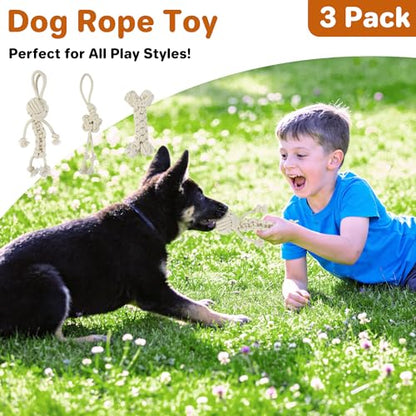 3 Pack Cotton Rope Dog Toy Set, Indestructible Chew Toys for Aggressive Chewers, Puppy Teething Toys with Bone, Human & Chinese Knot Designs for Boredom Relief & Tug of War， White - style: White suit（3 pack）
