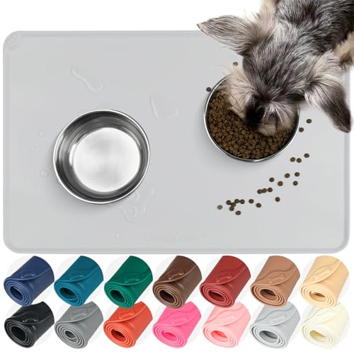 VIVAGLORY Pet Food Mat Flexmat Dog Bowl Mat, S, Light Grey | Non Slip Silicone for Pet Kitten & Doggy, Placemat with Lip for Floor - color: Light Grey, size: S (18.9 x 11.8in)