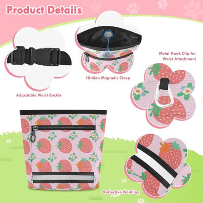 Strawberry Water-Resistant Dog Treat Pouch, 3 Ways to Wear Treat Bag with Magnetic Closure & Reflective Strip, Hands-Free for Pet Training, Walking