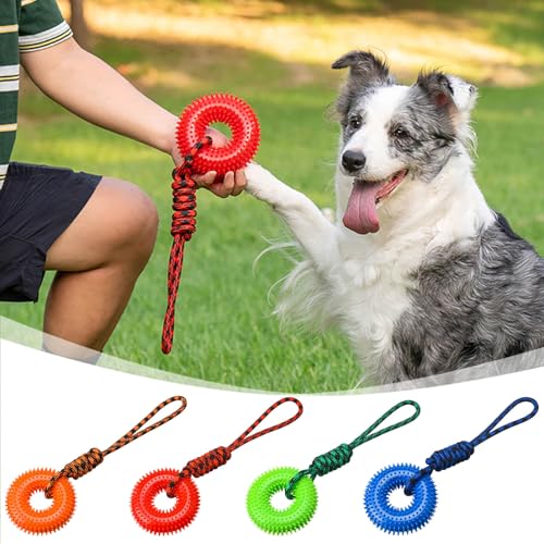 Dog Toys Squeaky - Spiky Ring for Chewers Dog Teething Toy with Rope, Squeaky Puppy Teething Spikey Glitter Ring Chew Toy, Aggressive Chew Indestructible for Puppy Teething Boredom Relief (Blue 1) - color: Blue 1