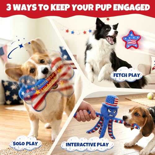 Patriotic 4th of July Dog Toys, 3-Pack Squeaky Crinkle Plush Set | For small and medium dogs; octopus toy for interactive play with a red, white and blue Independence Day design - color: Patriotic