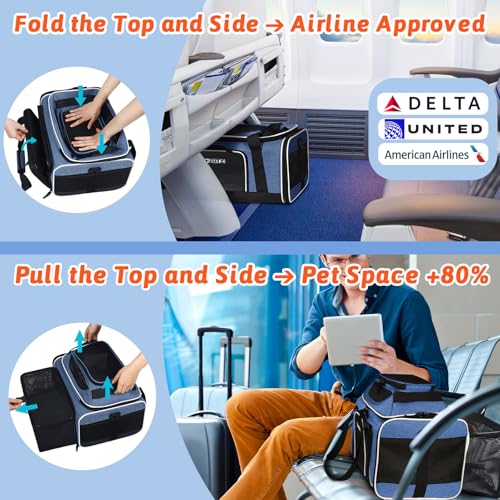 Petskd Top and Side Expandable Pet Carrier 18x11x11 Inches Delta United Airline Approved, Soft-Sided Carrier for Small Cats and Dogs with Locking Safety Zippers and Anti-Scratch Mesh(Blue) - color: Blue, size: 18.0"L x 11.0"W x 11.0"H