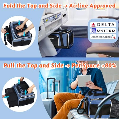 Petskd Top and Side Expandable Pet Carrier 18x11x11 Inches Delta United Airline Approved, Soft-Sided Carrier for Small Cats and Dogs with Locking Safety Zippers and Anti-Scratch Mesh(Blue) - color: Blue, size: 18.0"L x 11.0"W x 11.0"H