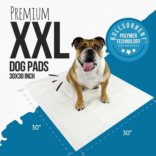 Bulldogology Puppy Pee Pads XXL with Adhesive Sticky Tape - Extra Large Dog Training Wee Pads (30x30) 6 Layers with Extra Quick Dry Bullsorbent Polymer Tech (30-Count, White) - size: 30-Count (30x30)