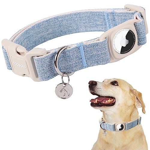DOGWONG Airtag Cotton Hemp Dog Collar, Heavy-Duty Dog Collar with Airtag Holder Blue Natural Fabric Pet Collars for Small Medium Large Dogs - color: Light Blue, size: Extra Small