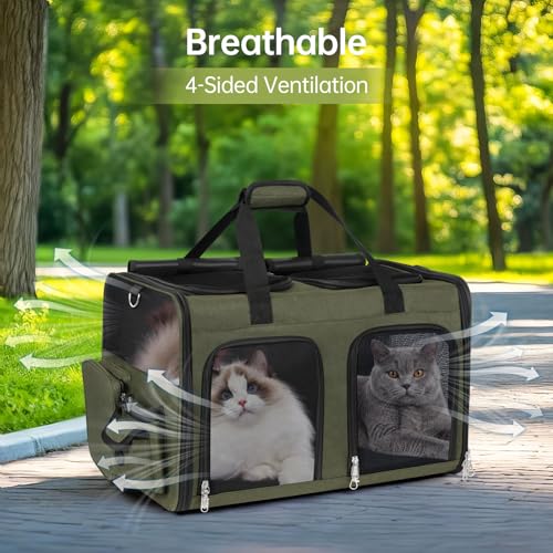 Cat Carrier for 2 Cats - Double Pet Carrier Extra Large, Dual Cabin Multi Cat Travel Carrier with Removable Divider, Collapsible, Can Hold 20 30 40 lbs for Two Kitten Green 2026 Upgraded - color: Green Upgraded