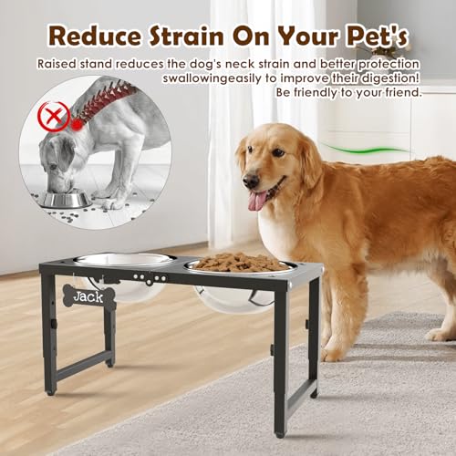 SHAINFUN Elevated Dog Bowls for Large Dogs, 3 Height Adjustable，Raised Tall Dog Food Water Bowl Stand with Two 101oz Bowls - color: Black-101oz
