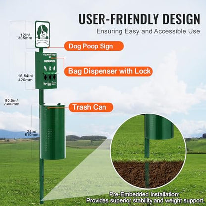 Happybuy Dog Waste Station, Commercial Pet Poop Station, 11.5 Gallon Waste Bin with 50 Can Liners, Bag Dispenser & 600 Waste Bags, Outdoor Dog Waste Disposal System for Backyard Use