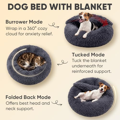 Himax Medium Dog Bed, Round Dogs Beds with Blanket Attached, Comfort Fluffy Calming Dog Bed Washable (20"/26"/35") Deep Grey - color: Grey, size: 26.0"L x 26.0"W x 9.0"Th