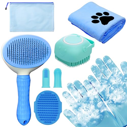 Dog Grooming Kit for Shedding – 8-Piece Pet Grooming Supplies with Deshedding Brush, Bath Gloves, Towels & Silicone Toothbrush | Ideal for Dogs, Cats, Small and Large Pets (Blue) - color: Blue, size: 8 PACK