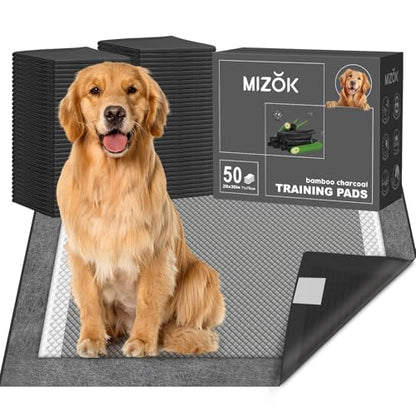 MIZOK Pee Pads for Dogs Charcoal, 28x30in Large Wee Wee Pads for Dogs, Superior Odor Protection, Super Absorbent & Leak-Proof, Puppy Pads with Adhesive Tabs, Thick & Heavy (50 Count) - size: Large 28"x30" 50 Count