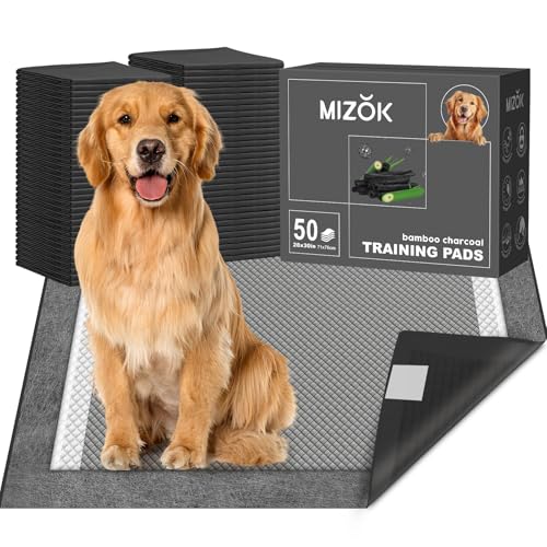 MIZOK Pee Pads for Dogs Charcoal, 28x30in Large Wee Wee Pads for Dogs, Superior Odor Protection, Super Absorbent & Leak-Proof, Puppy Pads with Adhesive Tabs, Thick & Heavy (50 Count) - size: Large 28"x30" 50 Count