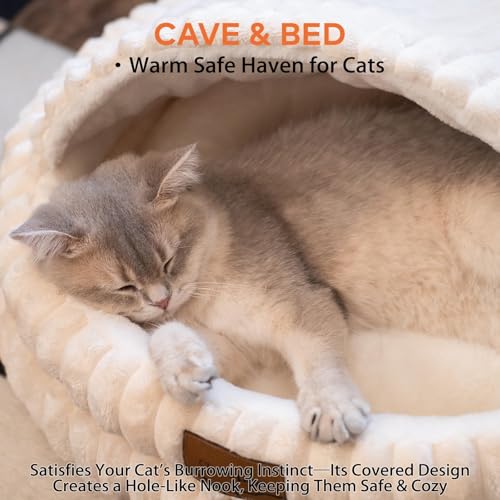 CHEERPALS Cat Cave Bed for Indoor Cats, Washable Covered Cat Bed Hooded Kitty Bed Soft Fluffy Pet Bed for Puppy and Small Dog(White) - color: White