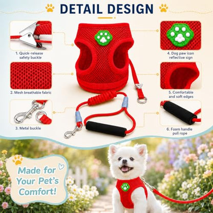 Dog Harness Small Sized and Leash Set, Step in Soft Light Puppy Vest, Breathable Mesh Pet Harness, Adjustable Pet Puppy Harness, Easy Walk Dog Harness, S: Chest 7.8-13.7" - color: Red, size: S: Chest 7.8-13.7" Leash 3.8 FT