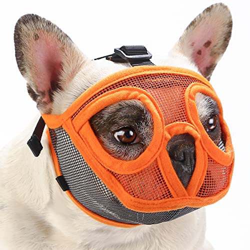 BARKLESS Short Snout Dog Muzzle, Breathable Mesh Flat Faced Muzzle for French Bulldog Shih Tzu and Pug, Mask Bulldog Mouth Cover for Biting Chewing Licking (Orang, XS) - size: XS (Head 13.0-14.5'')