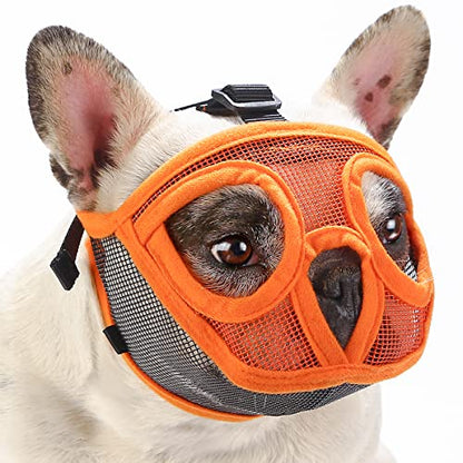 BARKLESS Short Snout Dog Muzzle, Breathable Mesh Flat Faced Muzzle for French Bulldog Shih Tzu and Pug, Mask Bulldog Mouth Cover for Biting Chewing Licking (Orang, M) - size: M (Head 18.0-20.5'')