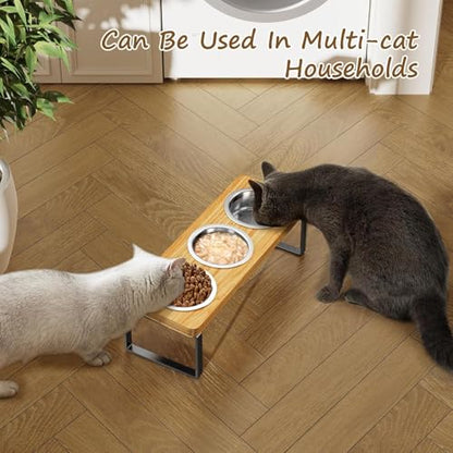 2 Pack Elevated Cat Bowls with 3 Stainless Steel Bowls | 10° Tilted Anti-Vomiting Raised Cat Food Bowl for Small Cats and Puppies Pet Bowl with Stand - color: Bamboo 2 PACK