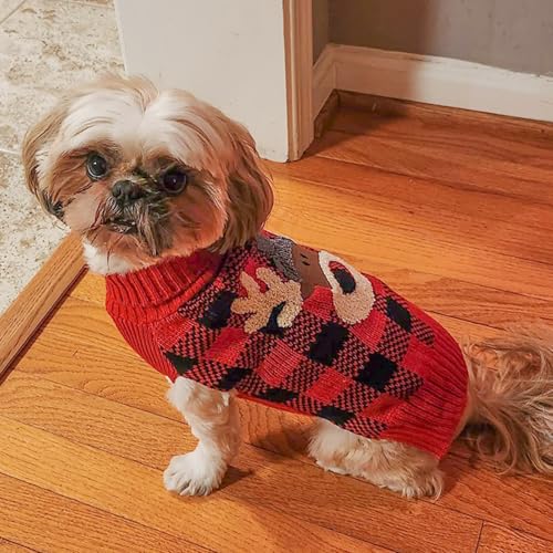 KYEESE Dog Christmas Sweater with Reindeer Pattern, Red Buffalo Plaid Knitwear, Turtleneck Dog Sweater for Small Dogs with Leash Hole, Cozy Winter Holiday Outfit, Warm Soft Pet Clothes, Medium - color: 3#Christmas, size: Medium (7-11lbs)