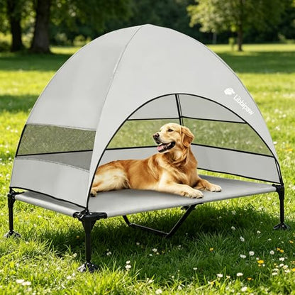 Windproof Elevated Dog Bed with Canopy & Stakes, 3-Sided 90% UV Block, Chew-Proof Teslin Mesh Mat for Large Dogs up to 150lbs(Grey X-Large) - color: Grey, size: X-Large