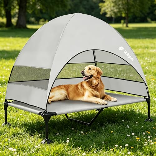 Windproof Elevated Dog Bed with Canopy & Stakes, 3-Sided 90% UV Block, Chew-Proof Teslin Mesh Mat for Large Dogs up to 150lbs(Grey X-Large) - color: Grey, size: X-Large