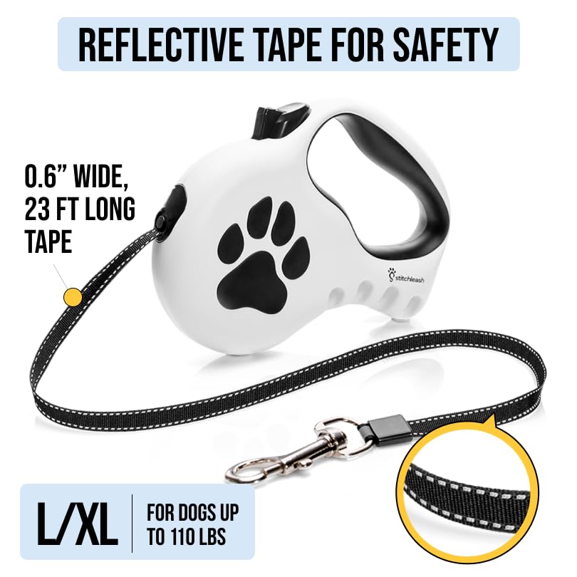 Award-Winning Retractable Dog Leash for Large and Extra Large Dogs (Max 110 lbs) Clip & Go System, Reflective Tape and Ergonomic Handle Includes Clips Poop Bag Holder and Dispenser, White - color: White, size: L/XL - Up to 110 Lbs
