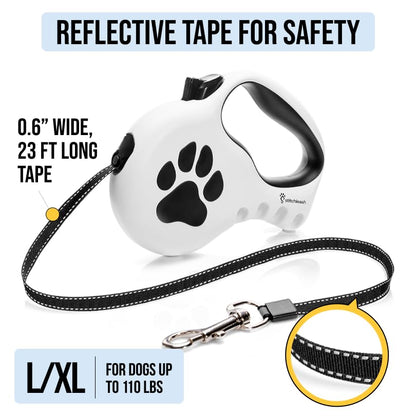 Award-Winning Retractable Dog Leash for Large and Extra Large Dogs (Max 110 lbs) Clip & Go System, Reflective Tape and Ergonomic Handle Includes Clips Poop Bag Holder and Dispenser, White - color: White, size: L/XL - Up to 110 Lbs