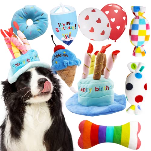 lilfrd Dog Birthday Toy Set, 9Pcs Plush Pet Toy for Small Dogs, Includes Squeaky Cake Hat, Bandana, Dessert Themed Toys, Balloons, for Dog Birthday Party - style: Blue Birthday Pack
