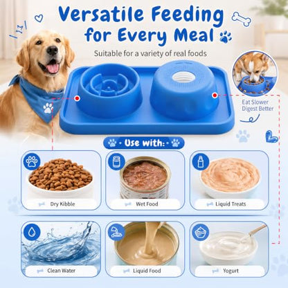 2-in-1 Dog Slow Feeder and Lick Ball Bowl, Interactive Puzzle Anti-Choking Pet Slow Eating Bowl with Treat Licking Rolling Ball, Spill-Proof Silicone Mat Feed Station for Dogs and Cats- Sky Blue