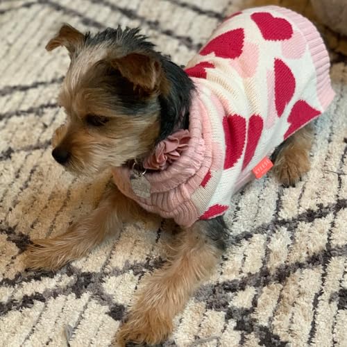 KYEESE Valentines Dog Sweater, Turtleneck Small Dog Sweater, Warm Pet Clothes with Heart Print, Stretchy Pullover Dogs Sweaters for Small Dogs, Comfy Pet Coat with Leash Hole, S - color: 1#Valentine, size: Small (4-7lbs)