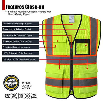 Reflective Safety Vest for Men Women Hi Vis Vest with 8 Pockets High Visibility Mesh Reflective Vest Meets ANSI/ISEA Standards (Yellow-07, Medium) - color: Yellow, size: Medium