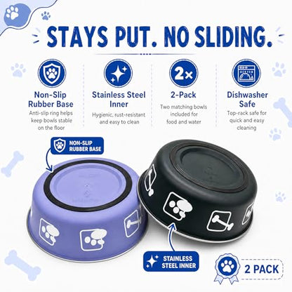 2-Pack Dog Bowls, Stainless Steel Pet Bowls, Thickened Rust-Proof Inner Bowl, Non-Slip Rubber Base, 2-in-1 Food & Water Bowl for Indoor Use (Black + Purple) (Black + Purple, S) - size: S