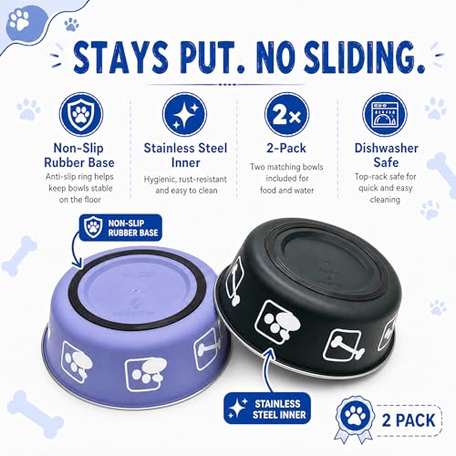 2-Pack Dog Bowls, Stainless Steel Pet Bowls, Thickened Rust-Proof Inner Bowl, Non-Slip Rubber Base, 2-in-1 Food & Water Bowl for Indoor Use (Black + Purple) (Black + Purple, M) - size: M