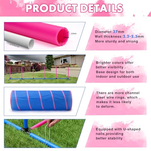 Dog Agility Course Backyard Set, Dog Agility Equipment, Pet obstacle Course Backyard with 6 Dual Mode Weave Poles, 2 Adjustable Hurdle, Jump Ring, Tunnel, Pause Box, Toy Balls and 2 Carrying Bags,Pink - size: Pink-15 PCS SET