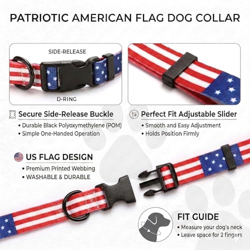 American Flag Dog Collar, Adjustable Nylon Patriotic Red White & Blue Collar for Small Medium Large Dogs, July 4th & Memorial Day USA Pet Collar - size: Large