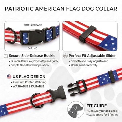 American Flag Dog Collar, Adjustable Nylon Patriotic Red White & Blue Collar for Small Medium Large Dogs, July 4th & Memorial Day USA Pet Collar - size: Medium